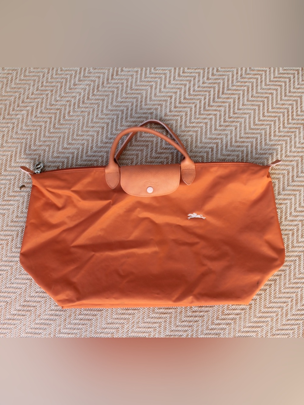 Longchamp Orange Nylon Le Pliage Tote with Leather Trim